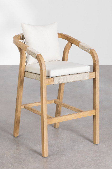 Pack de 4 taburetes altos de jardín 75 cm en madera de acacia acabado rústico y cojín blanco gardenia Dubai