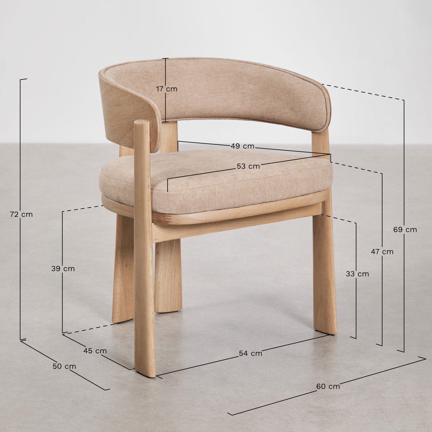 Pack de 2 sillas de comedor en madera de roble y tapizada Olea Signature, medidas