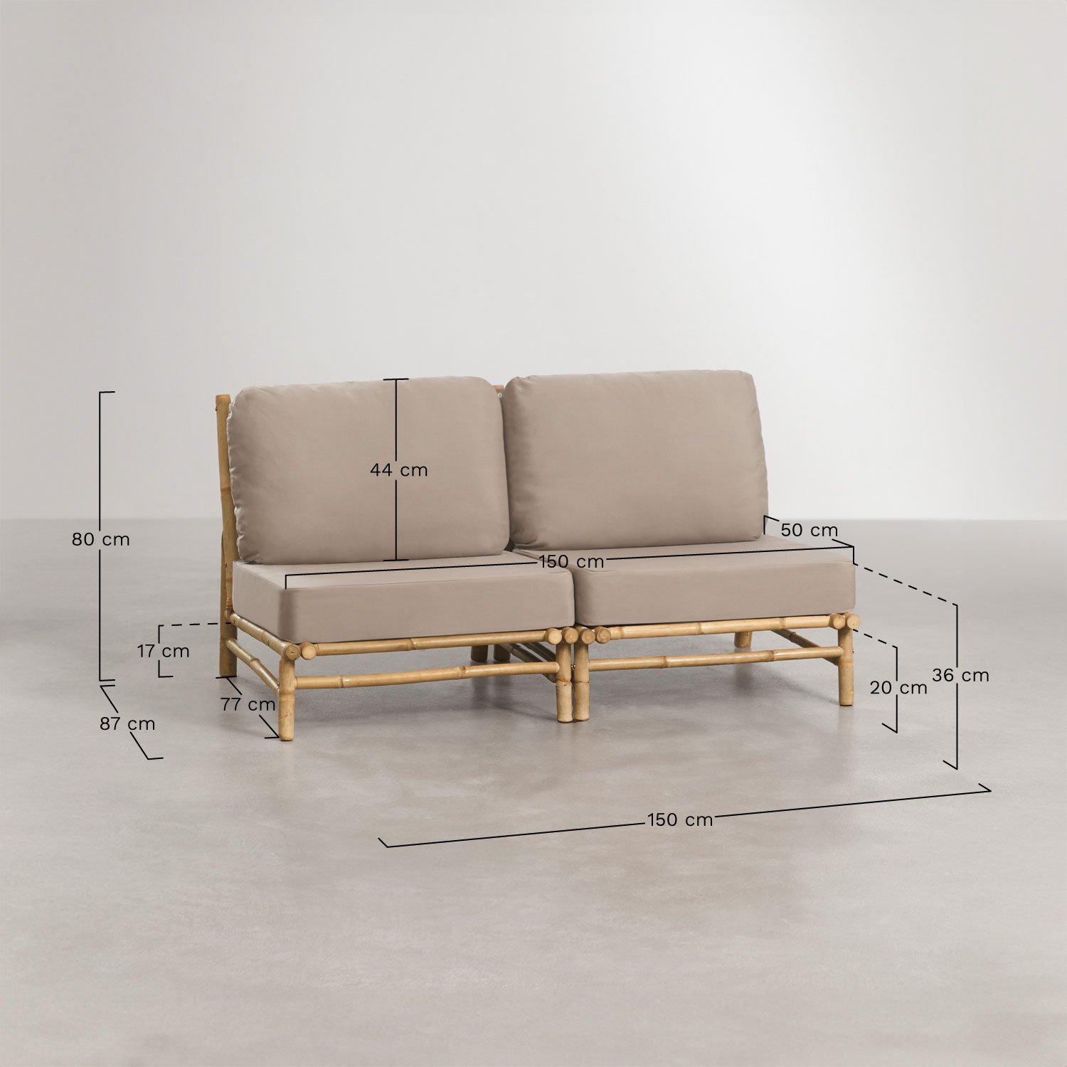 Conjunto de jardín con sofá modular de 2 piezas y mesa de centro cuadrada 75x75 cm en bambú Isendra , medidas