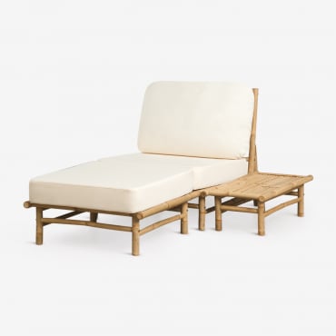 Conjunto De Jardín Con Sillón, Puff Y Mesa Auxiliar Rectangular En Bambú Isendra Tela Blanco - Sklum