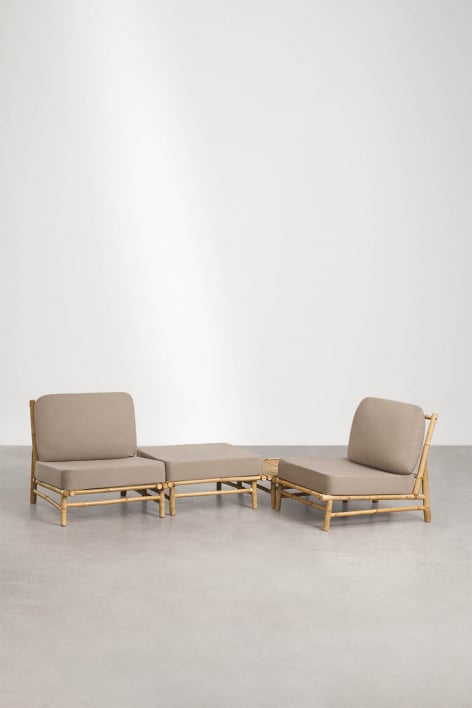 Conjunto de jardín con 2 sillones, puff y mesa de centro cuadrada 75x75 cm en bambú Isendra - Tela Marrón Moka