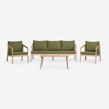 Conjunto De Jardín Con Sofá, 2 Sillones Y Mesa De Centro En Madera De Acacia Kaela Marrón Acacia Claro & 3 Plazas & Bouclé Verde Salvia - Sklum