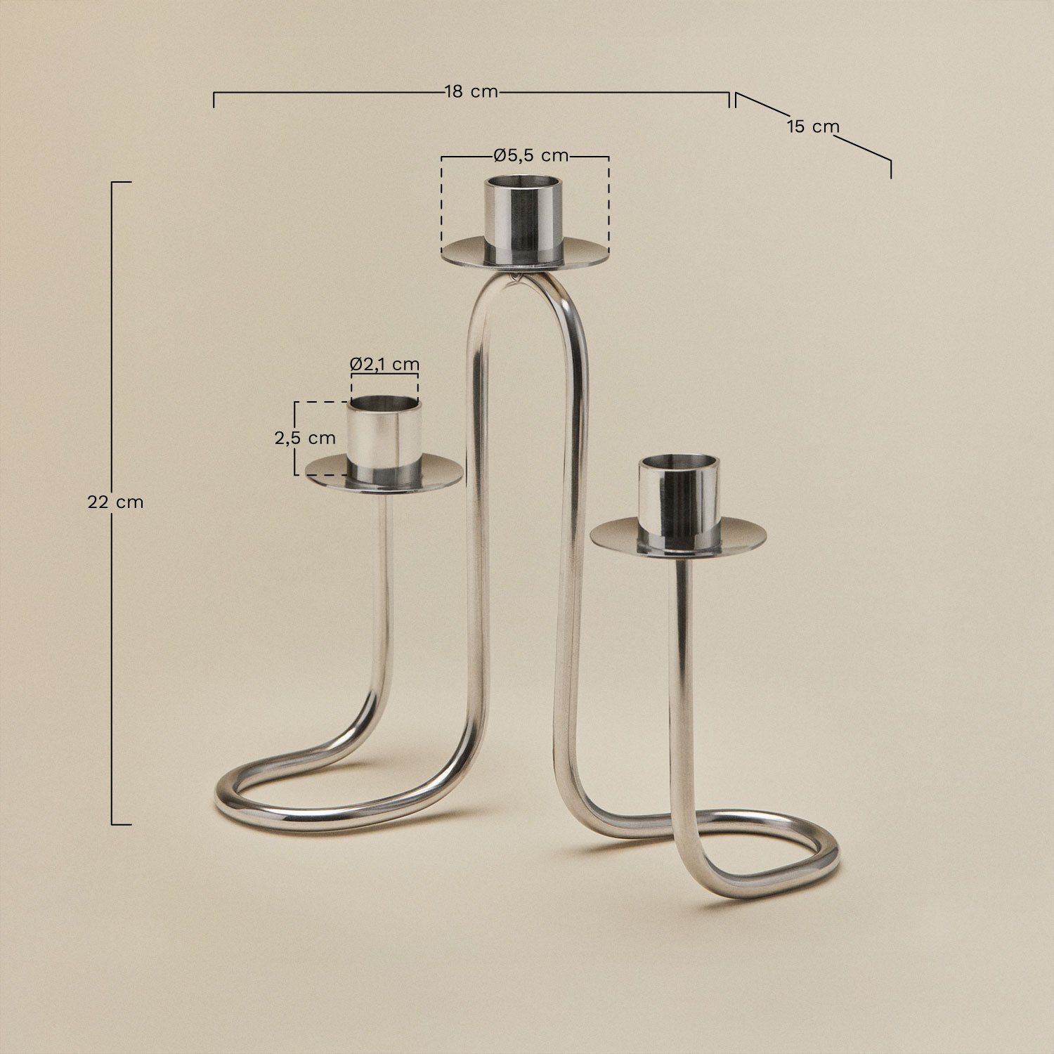 Candelabro de 3 brazos en acero inoxidable Tyva, medidas