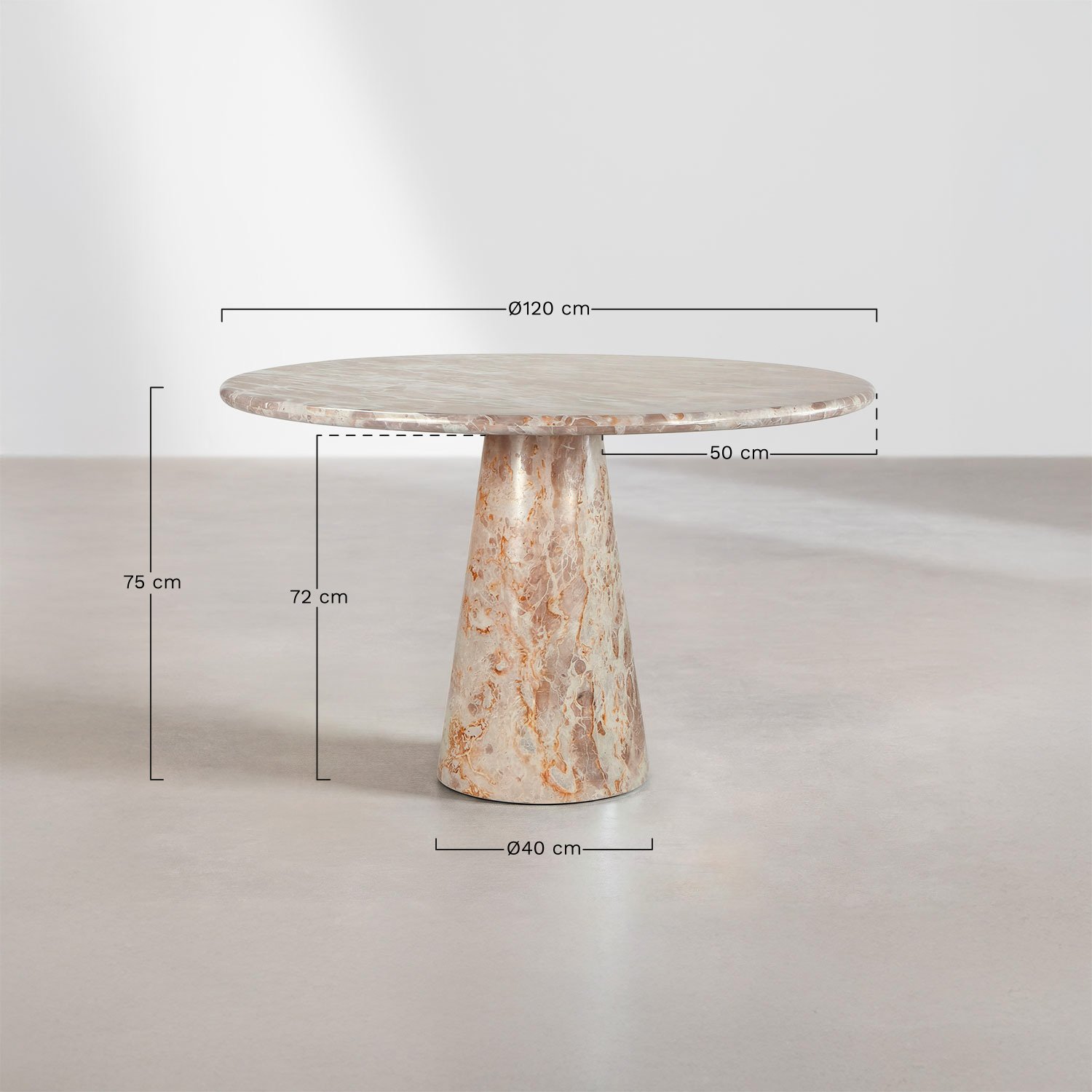Mesa de comedor redonda Ø120 cm en mármol Alodia, medidas