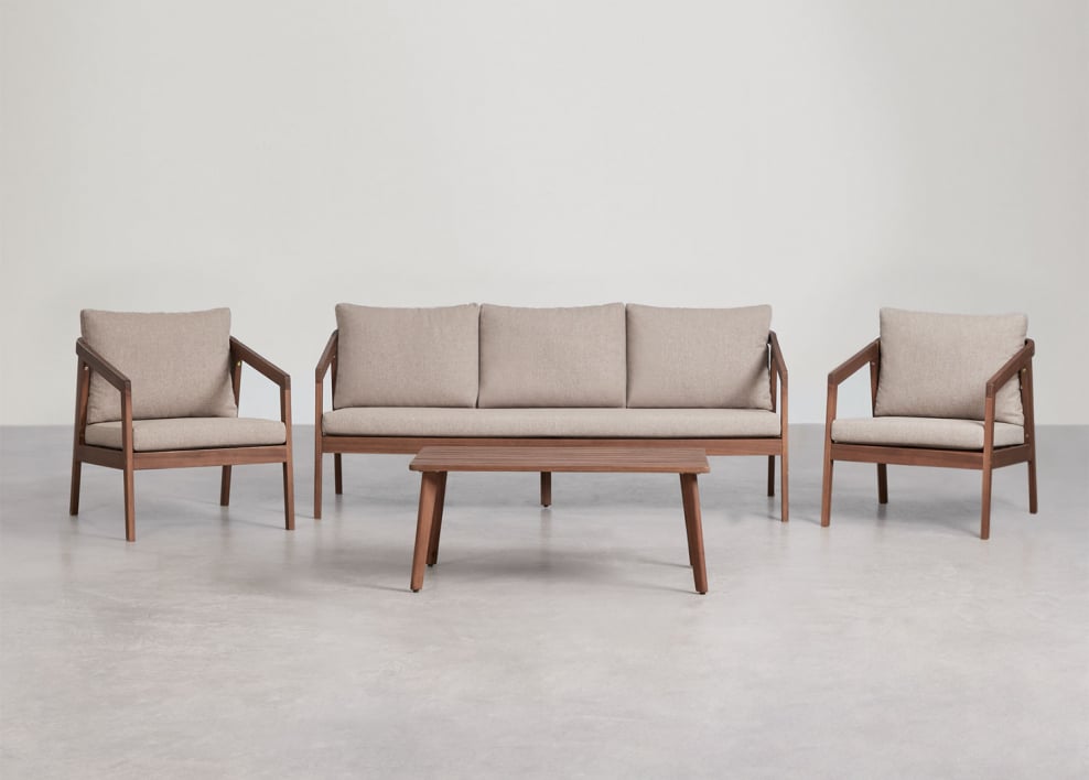 Conjunto de salón en madera de acacia Kaela - Tela Marrón Avellana