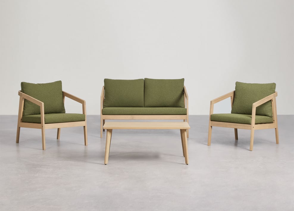 Conjunto de salón en madera de acacia Kaela - Bouclé Verde Salvia