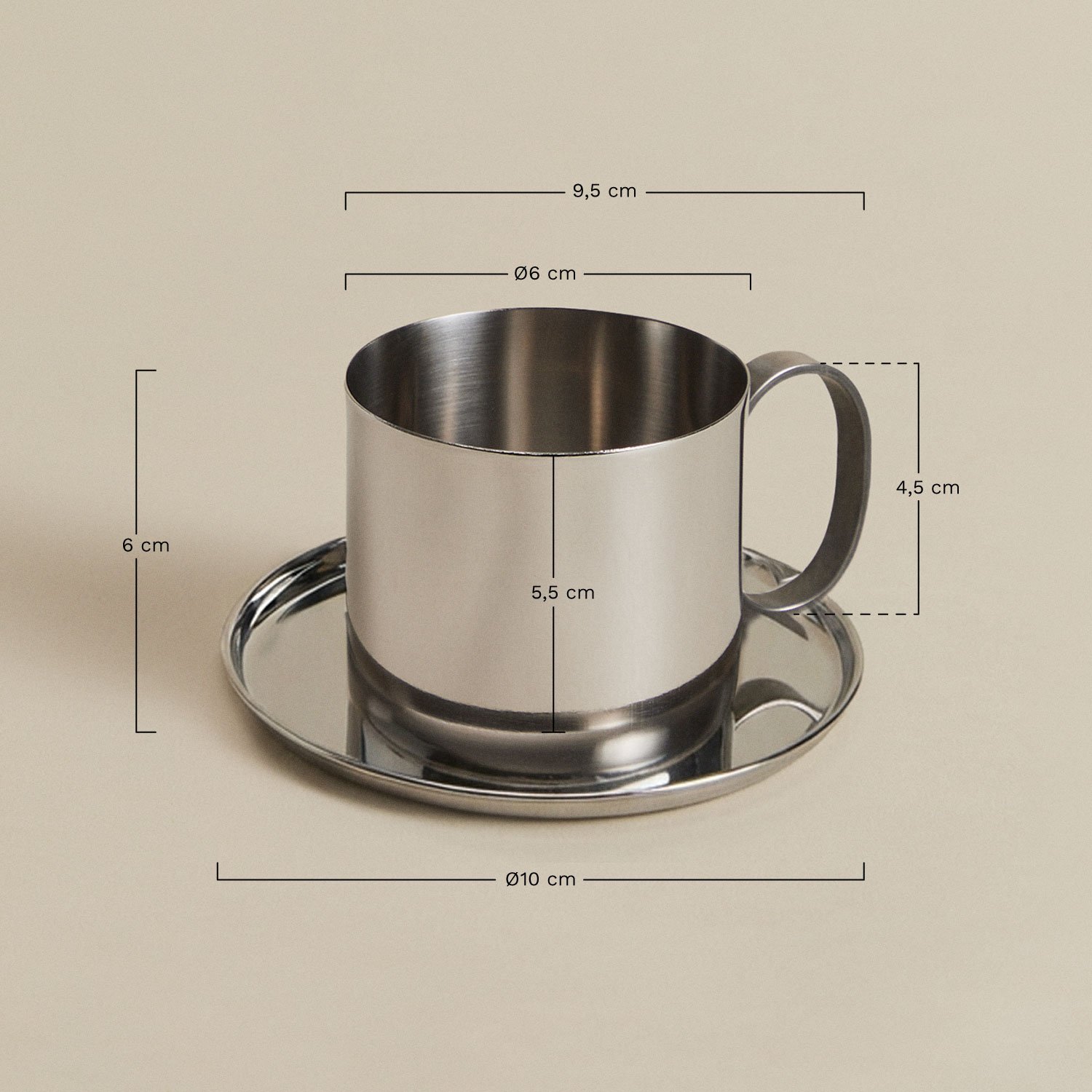 Pack de 2 tazas de café 17 cl con plato en acero inoxidable Lludix, medidas
