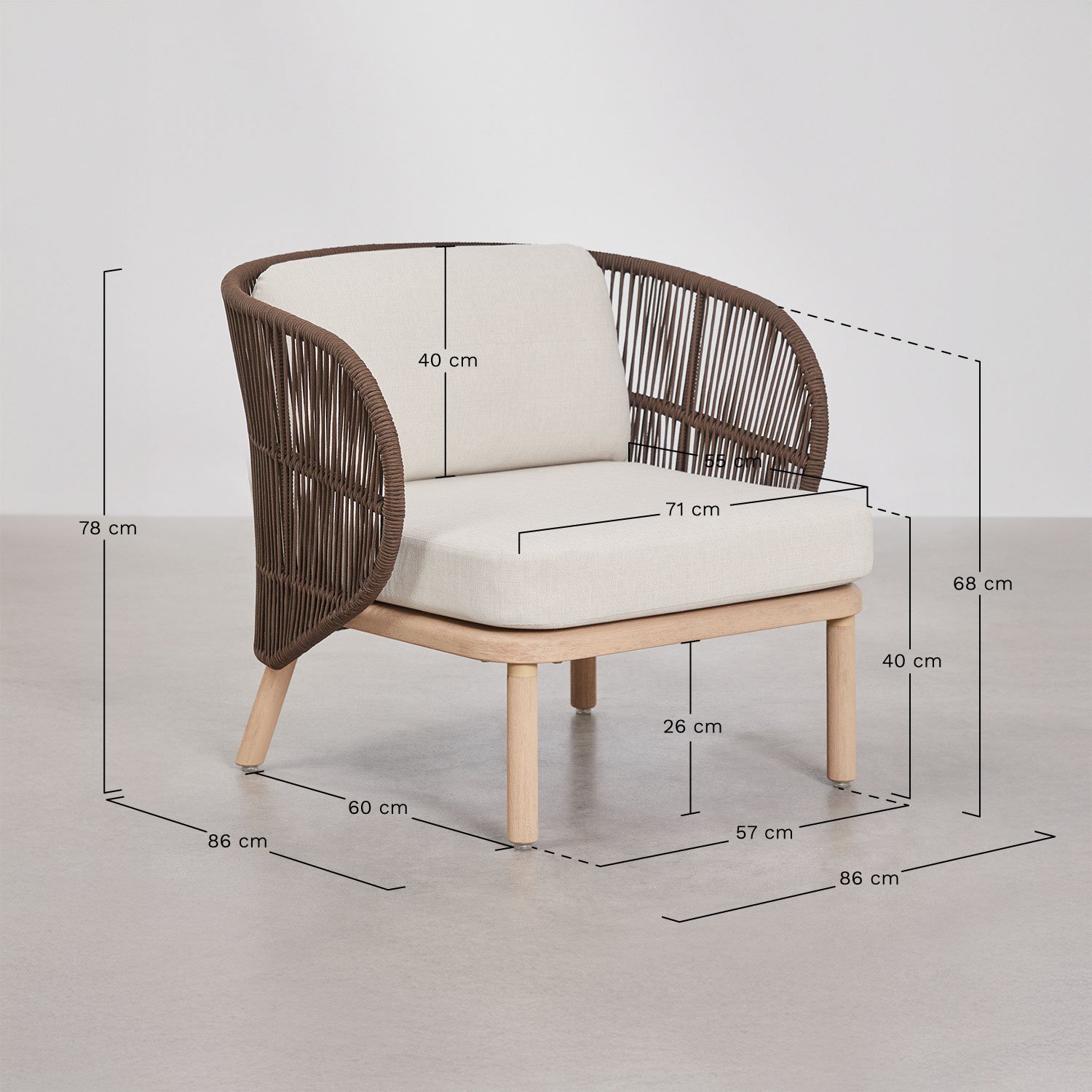 Conjunto de salón con 2 sillones en cuerda trenzada Capri y mesa de centro en madera de acacia Olivia, medidas