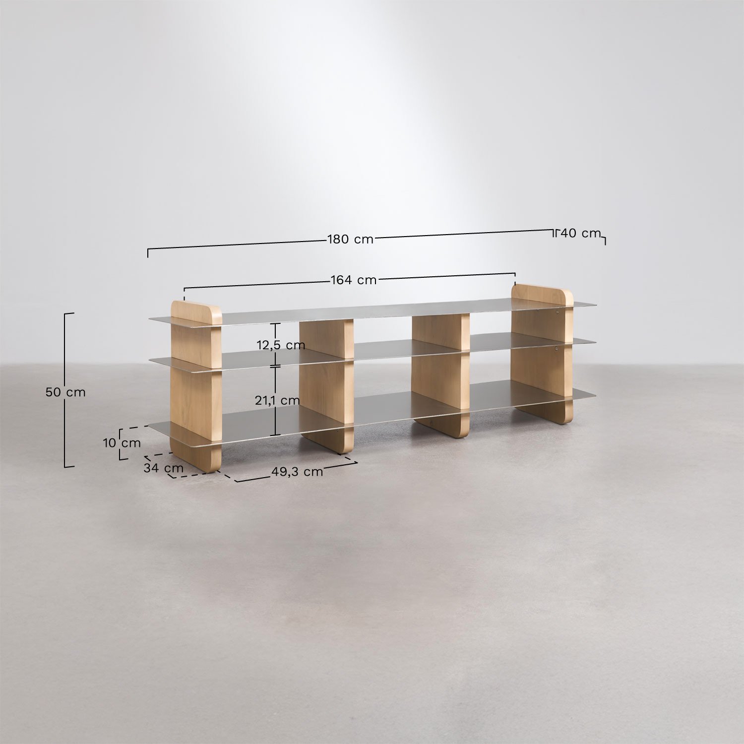 Mueble TV 180x40 cm en madera de mango y acero Tokyo, medidas