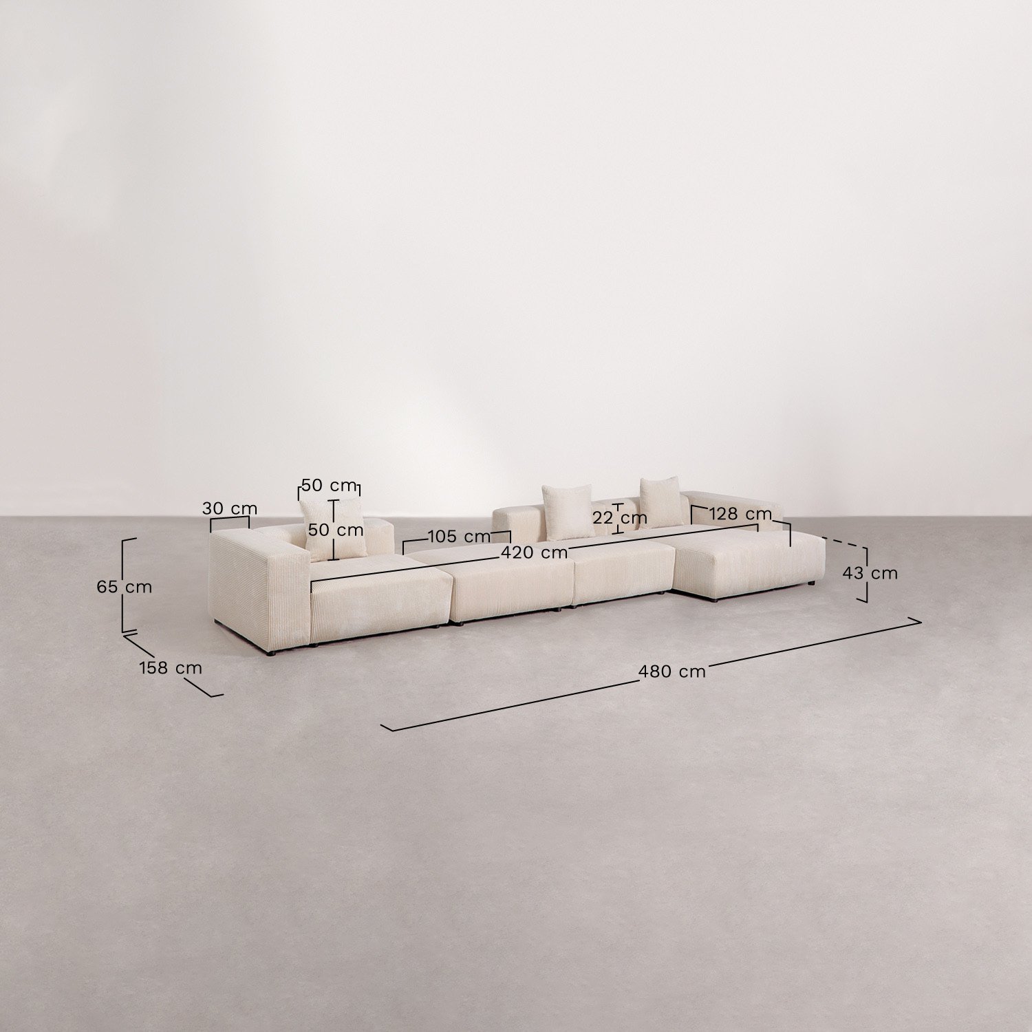 Sofá modular chaise longue derecho de 3 piezas con reposabrazos alto y puff ↔︎480 cm Bruna , medidas