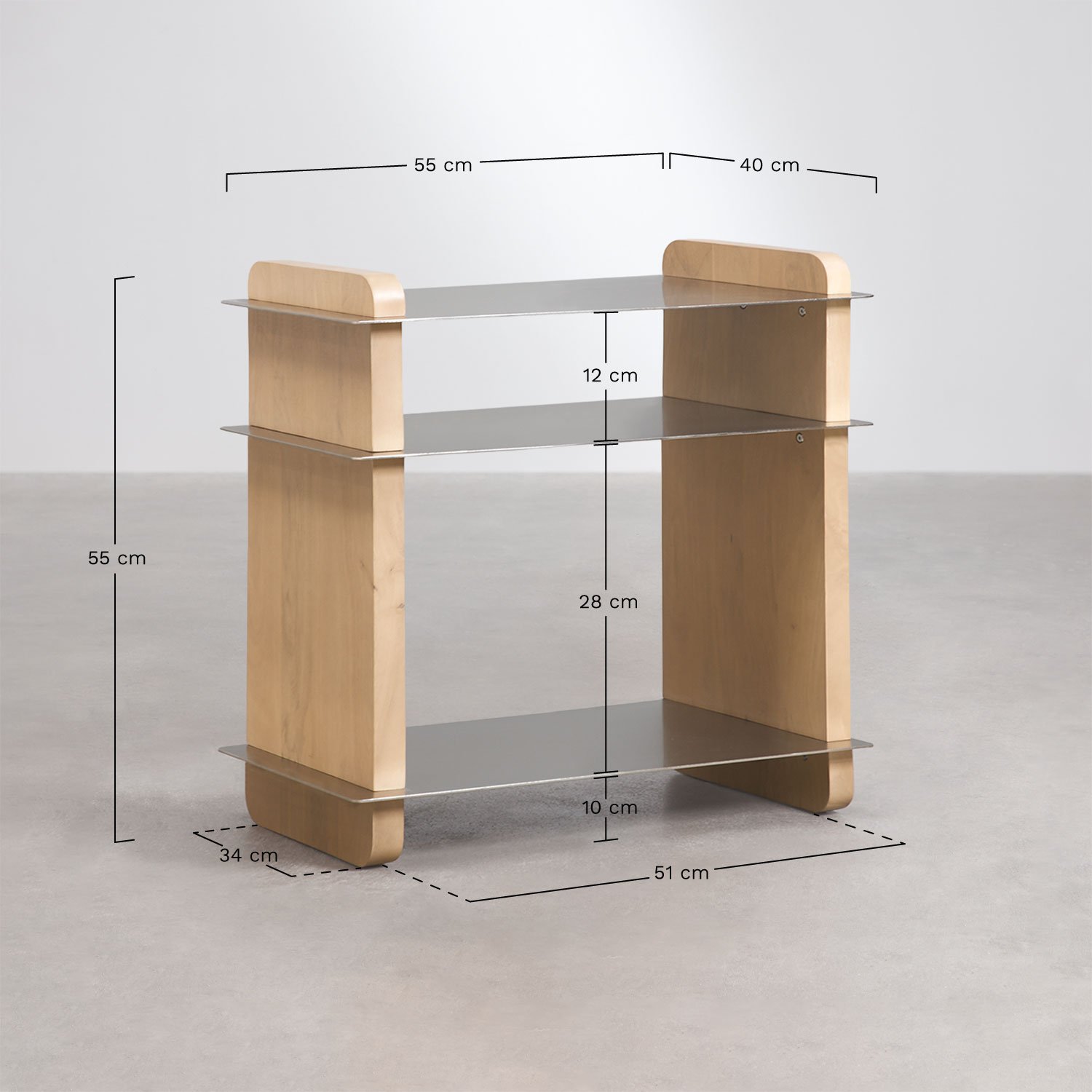 Mesa auxiliar rectangular 55x40 cm en madera de mango y acero Tokyo, medidas