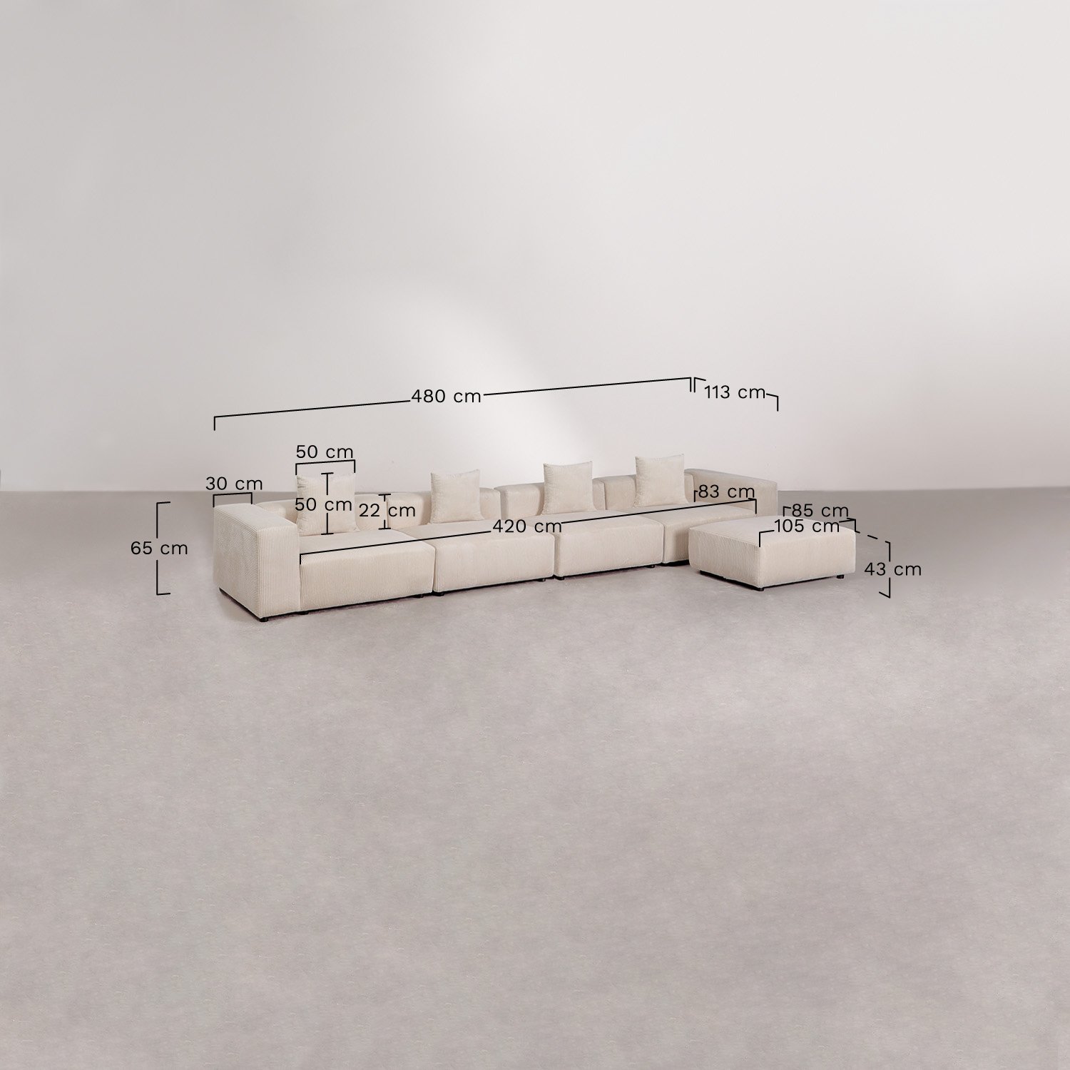 Sofá modular de 4 piezas con reposabrazos alto y puff ↔︎480 cm Bruna , medidas