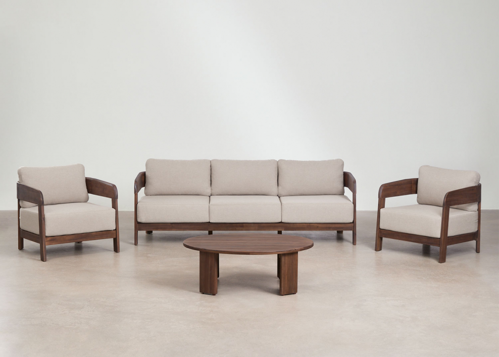 Conjunto de salón con sofá de 3 plazas, 2 sillones y mesa de centro en madera de acacia Uleno