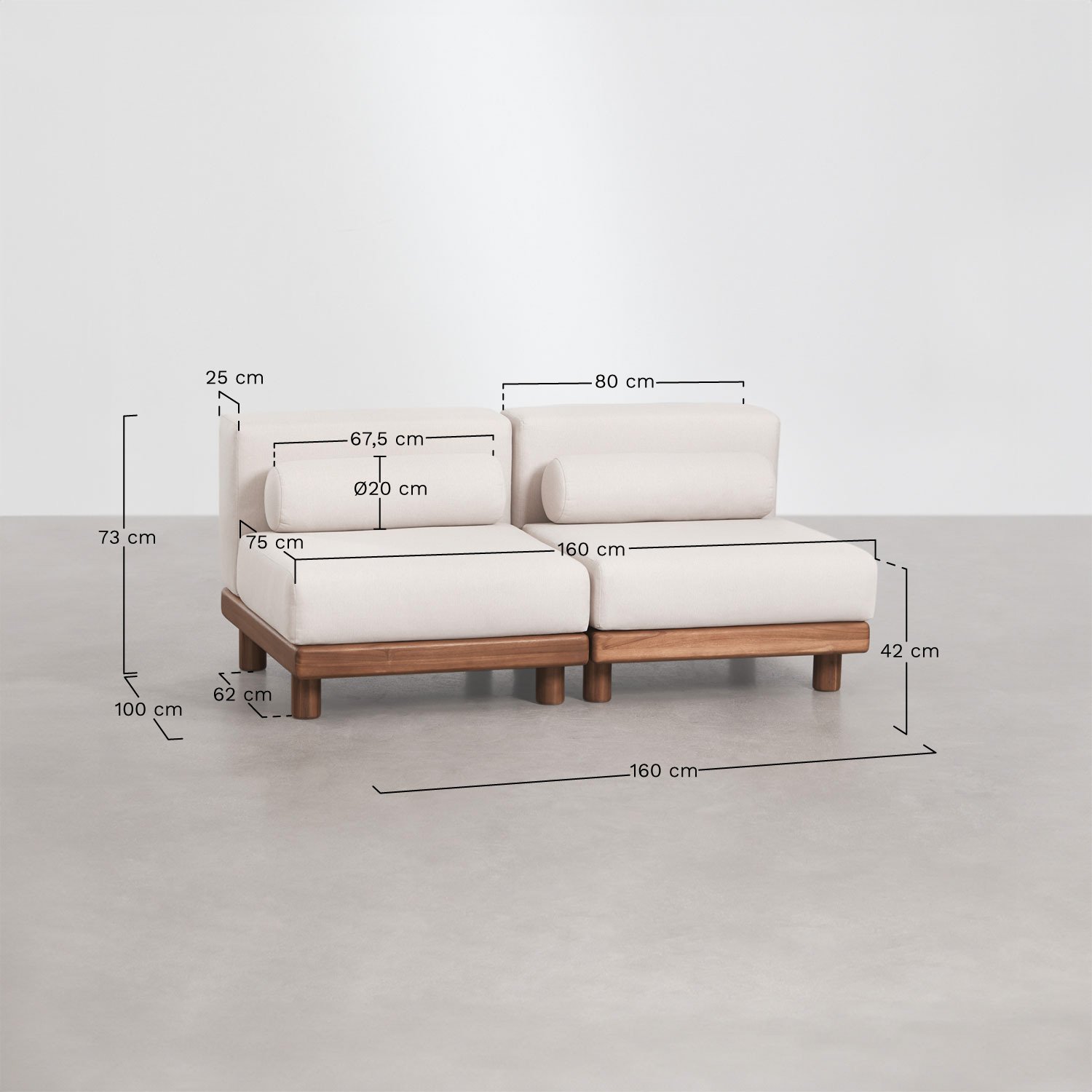 Sofá modular de jardín de 2 piezas en acacia Edrien , medidas