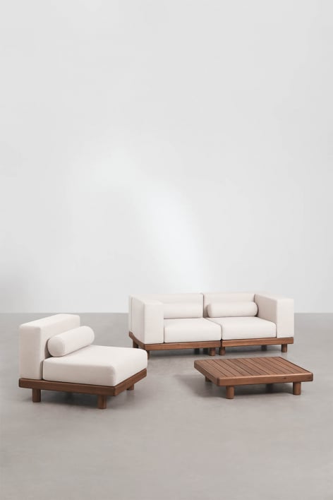 Conjunto de jardín con sofá modular de 2 piezas con 2 módulos esquineros, sillón y mesa de centro en acacia Edrien