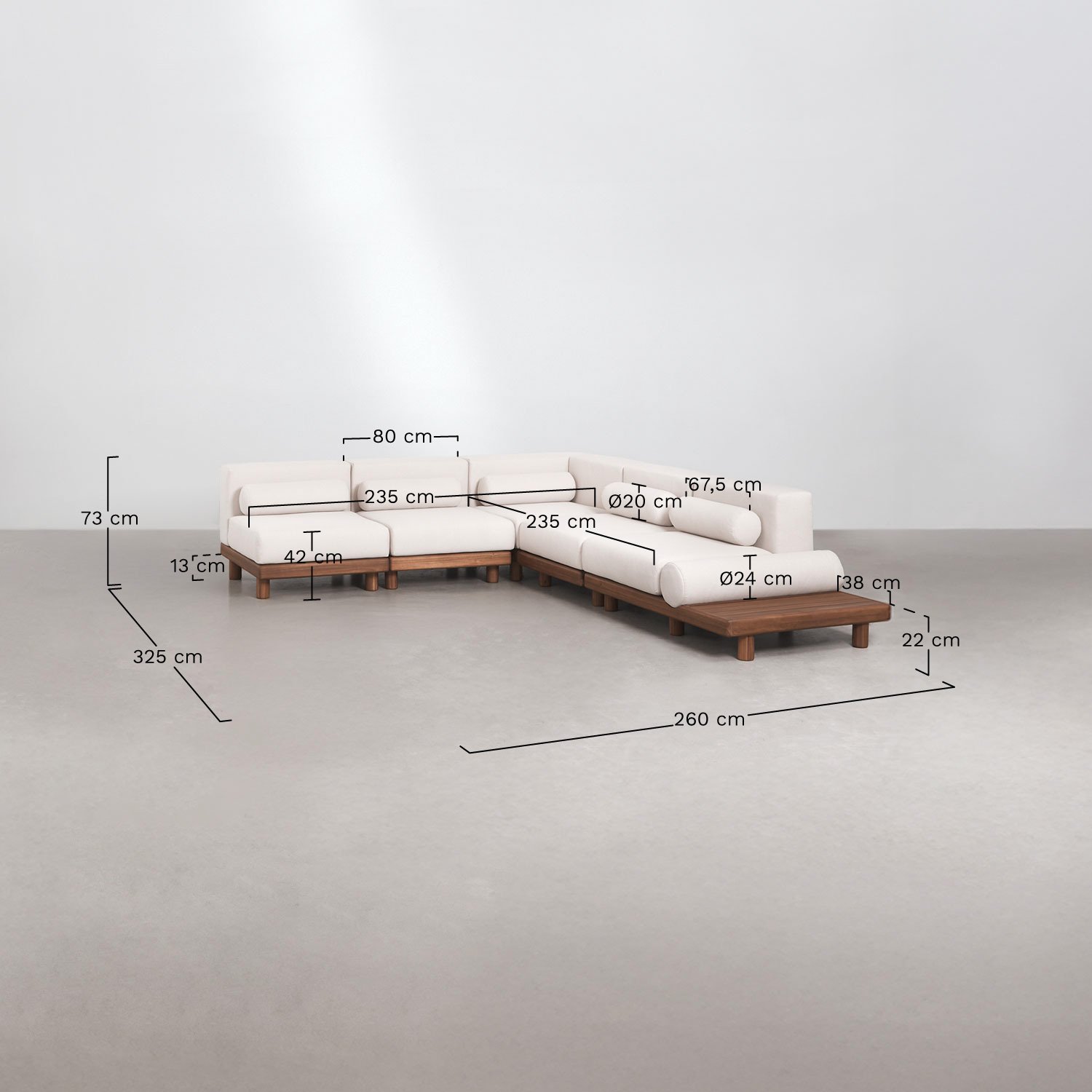 Conjunto de jardín con sofá modular rinconera de 5 piezas con mesas auxiliares y de centro y sillón en acacia Edrien, medidas