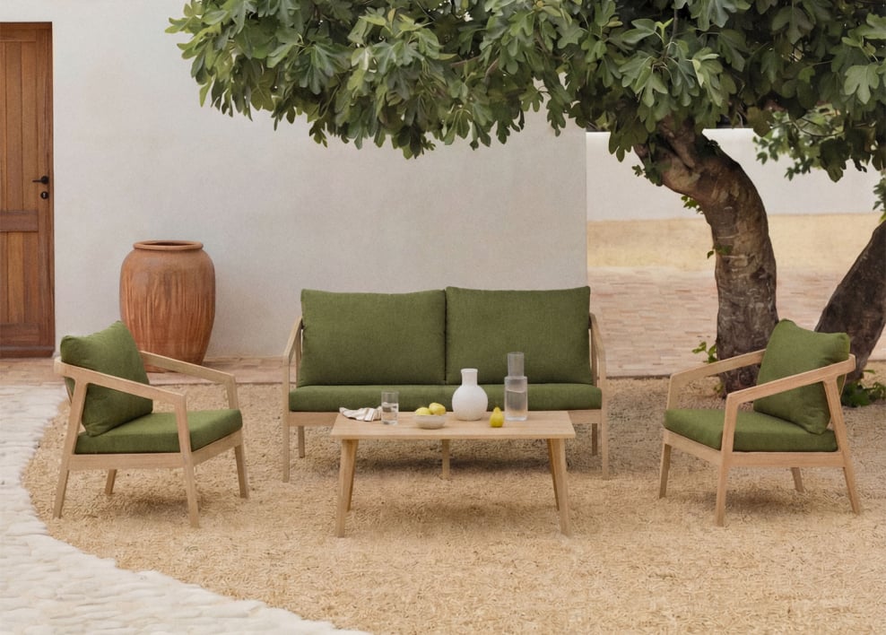 Conjunto de jardín con sofá, 2 sillones y mesa de centro en madera de acacia Kaela - Bouclé Verde Salvia