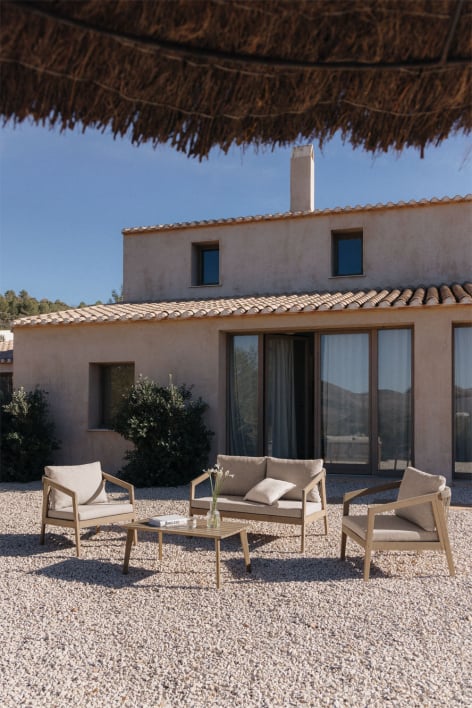 Conjunto de jardín con sofá de 2 plazas, 2 sillones y mesa de centro en madera de acacia y cuerda trenzada Kaela
