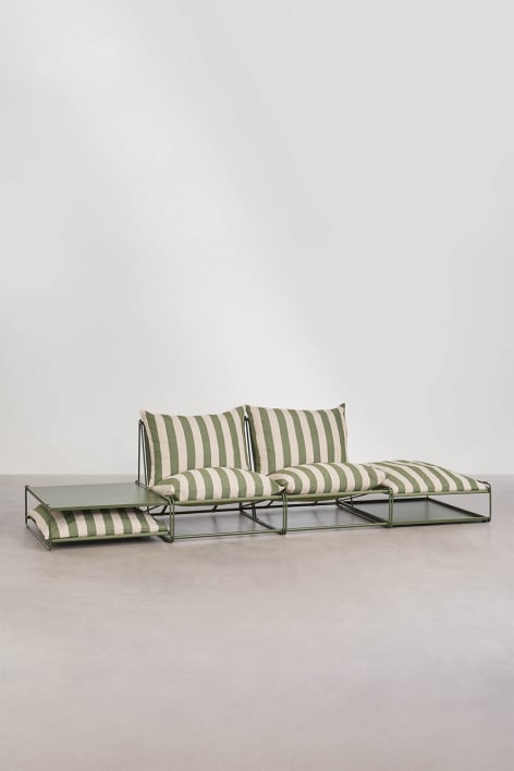 Conjunto de jardín con sofá modular de 2 piezas, mesa auxiliar y puff convertibles Amaro - Beige Tapioca - Verde Oliva Intenso