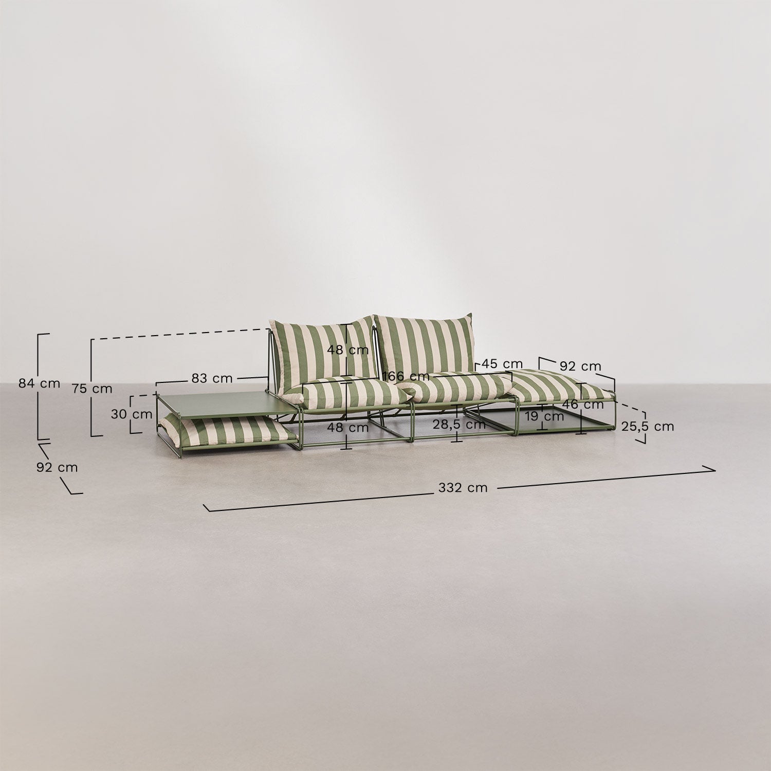 Conjunto de jardín con sofá modular de 2 piezas, mesa auxiliar y puff convertibles Amaro, medidas