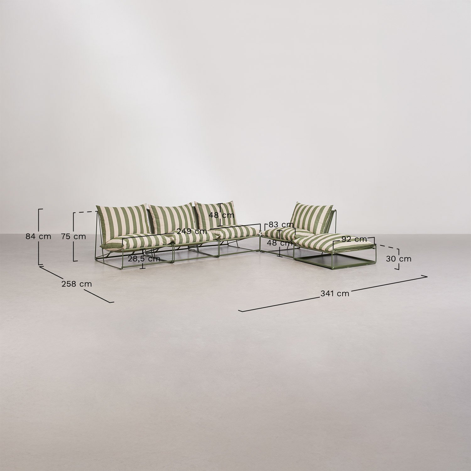 Conjunto de jardín con sofá modular de 3 piezas, sillón, mesa auxiliar y puff convertibles Amaro, medidas