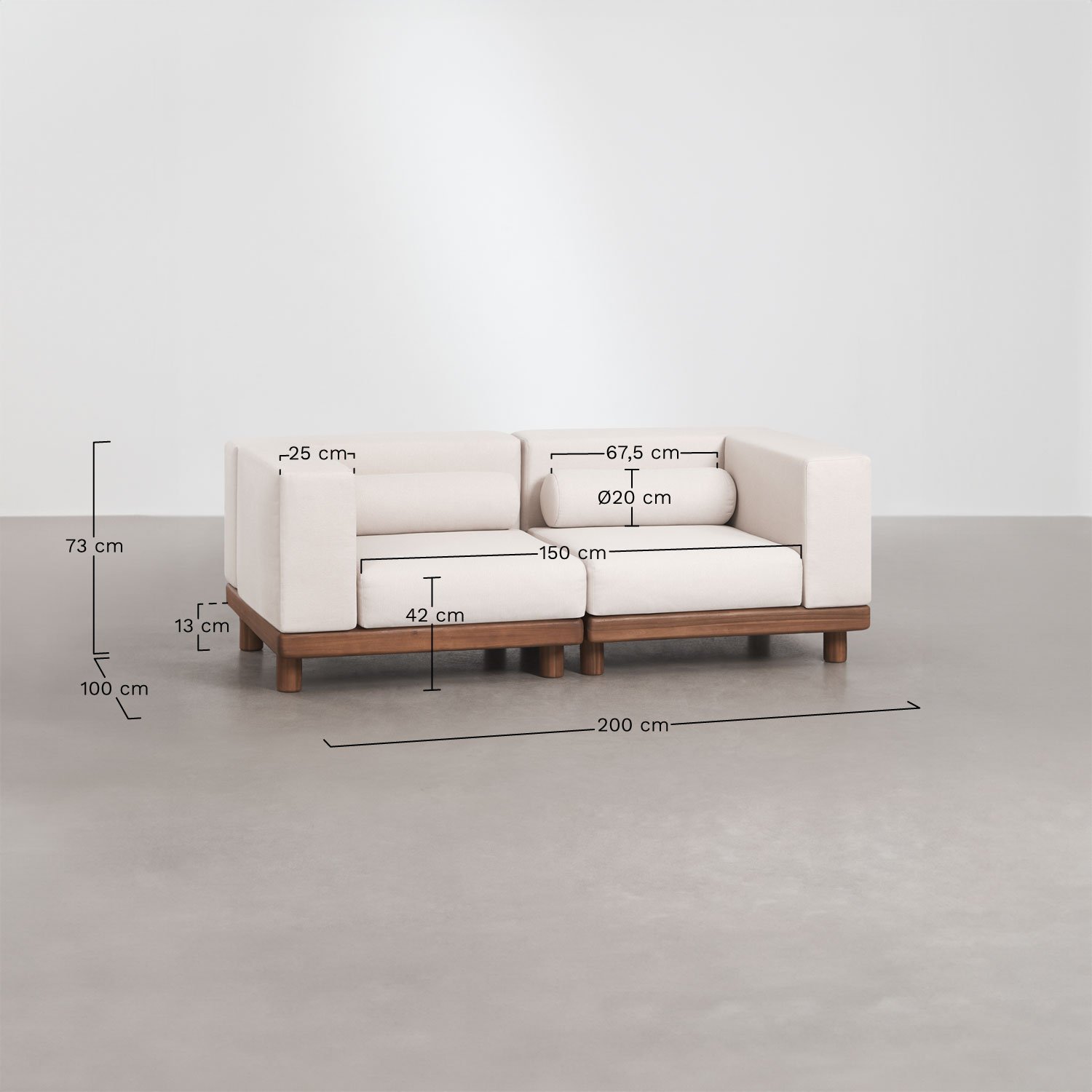 Conjunto de jardín con sofá modular de 2 piezas con 2 módulos esquineros, sillón y mesa de centro en acacia Edrien , medidas