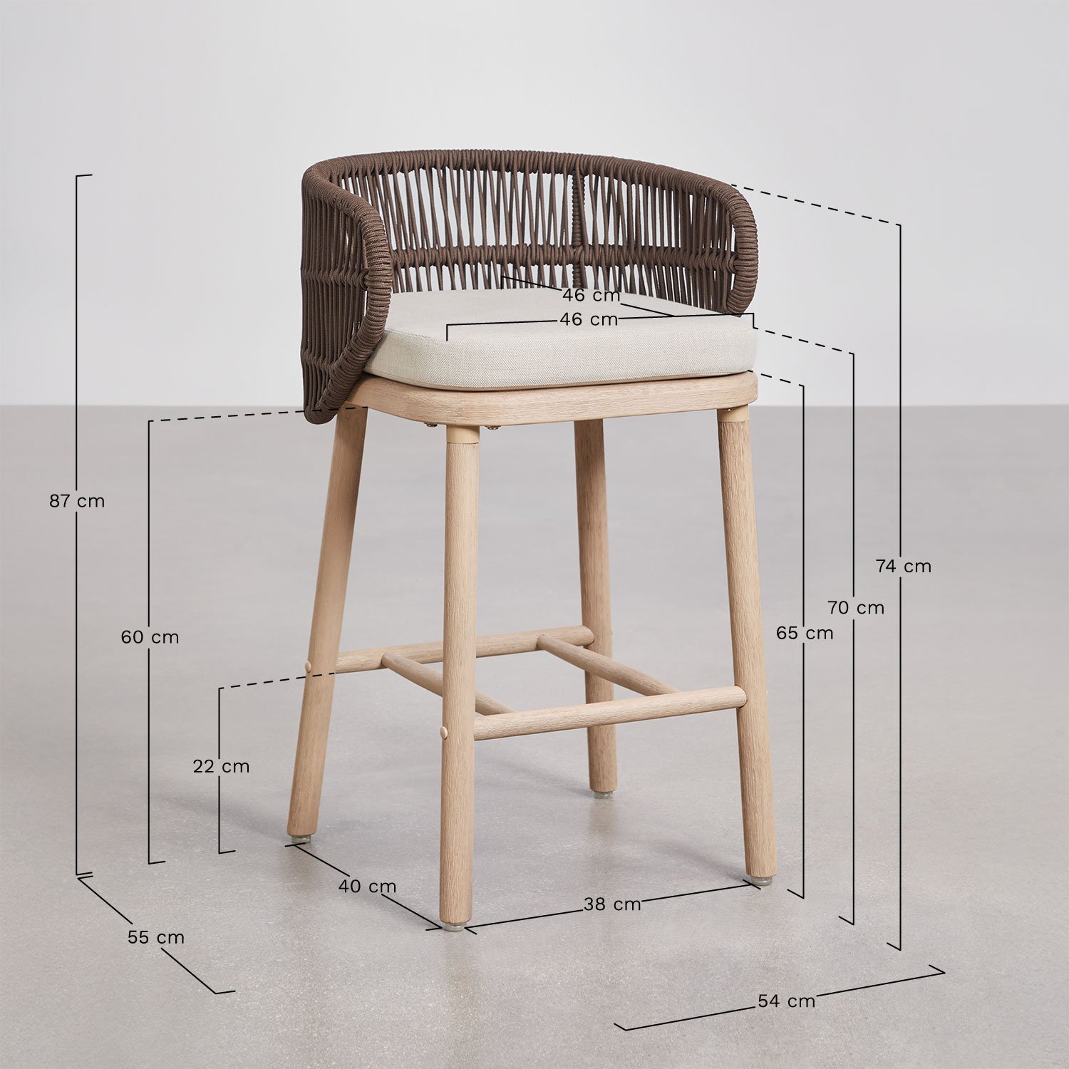 Pack de 4 taburetes altos en madera de acacia y cuerda trenzada Capri, medidas