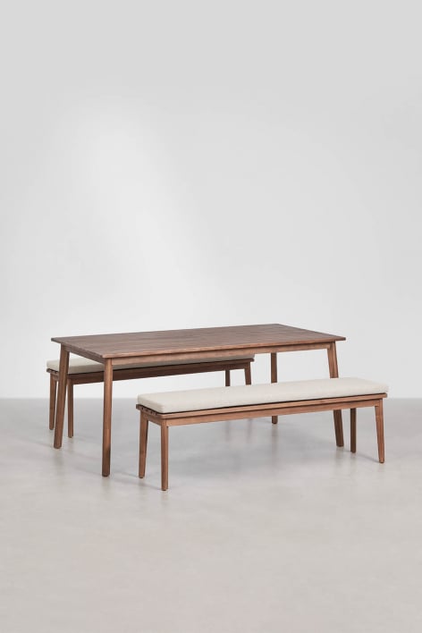 Set de mesa rectangular 180x90 cm y 2 bancos de comedor en madera de acacia Kaela