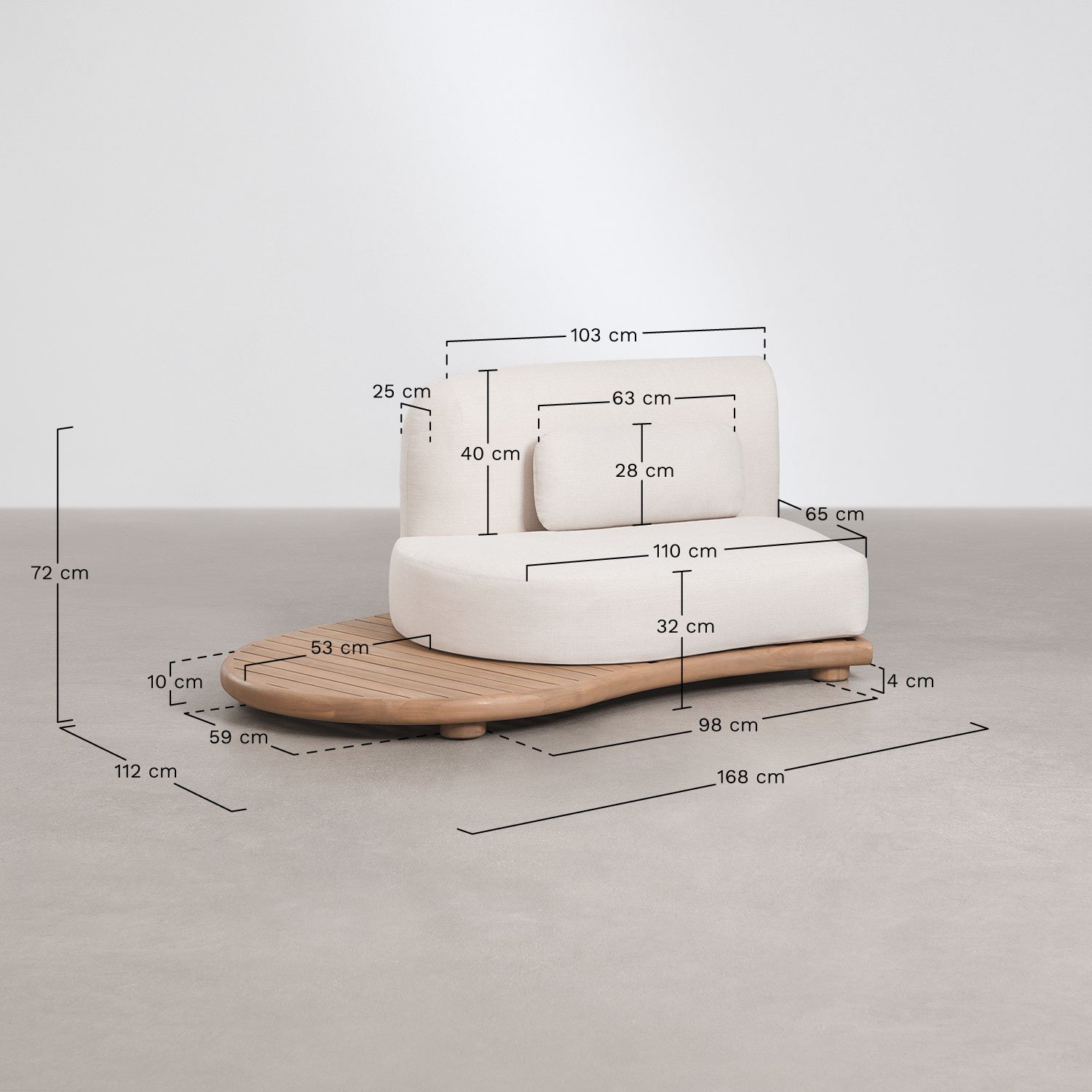 Módulo esquinero izquierdo para sofá modular de jardín en madera de acacia Gerard, medidas