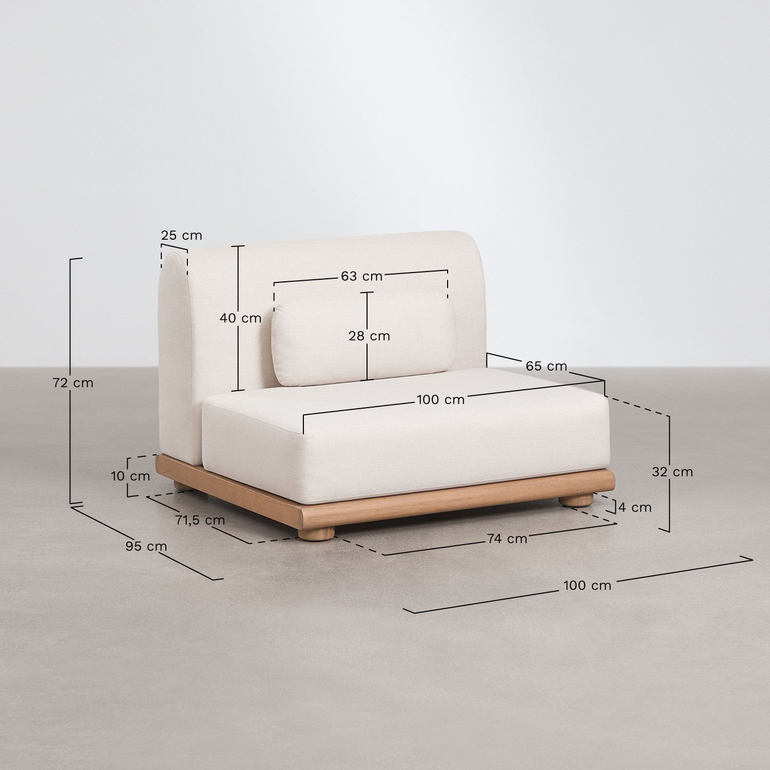 Módulo central recto para sofá modular de jardín en madera de acacia Gerard, medidas