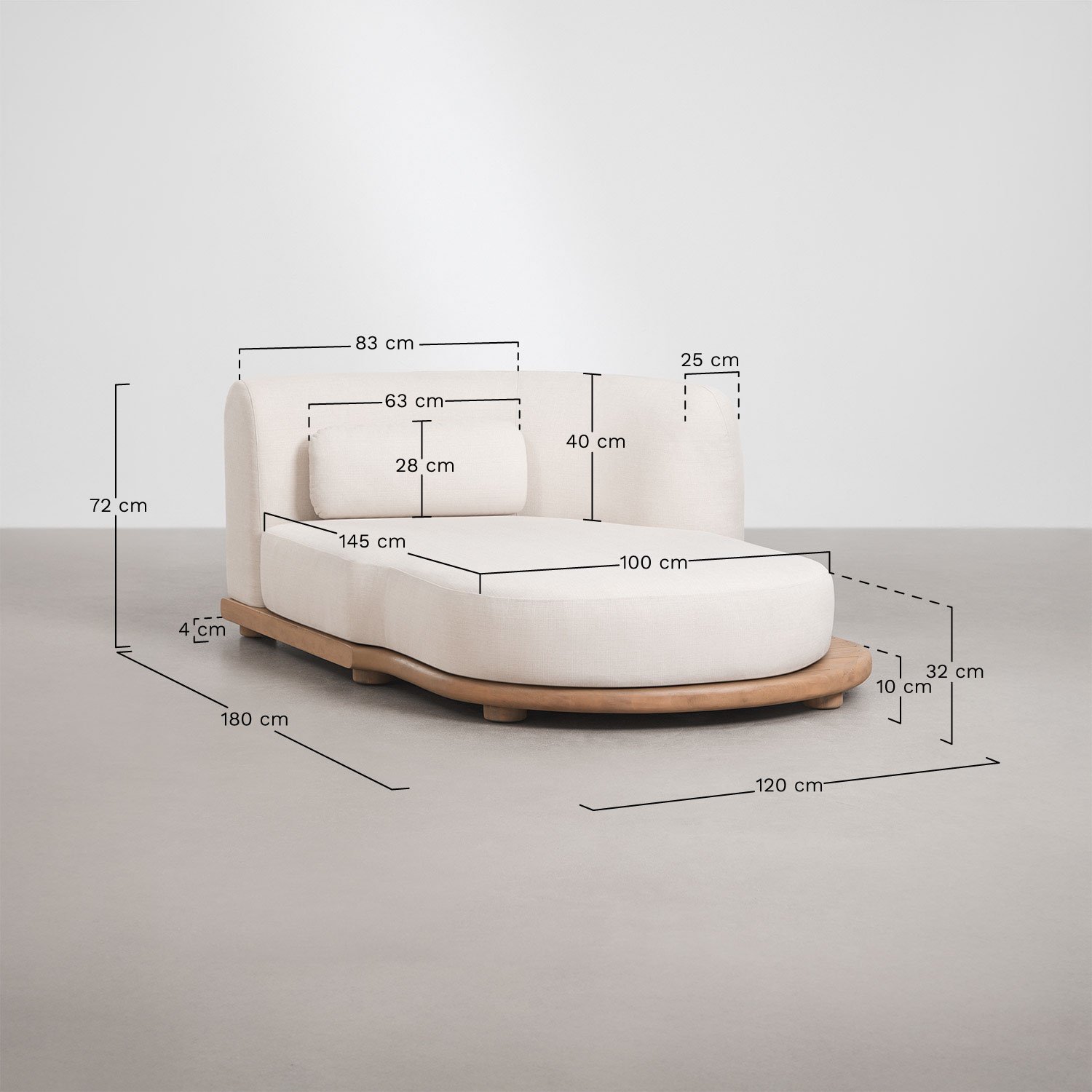 Módulo chaise longue derecho para sofá modular de jardín en madera de acacia Gerard, medidas