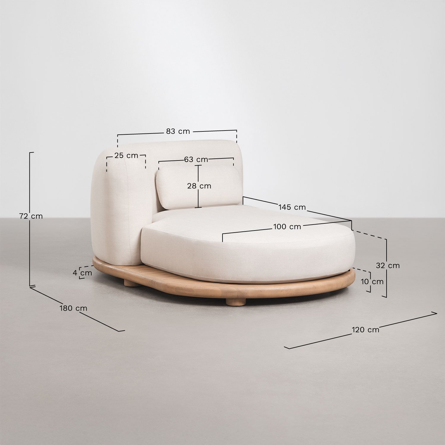 Módulo chaise longue izquierdo para sofá modular de jardín en madera de acacia Gerard, medidas