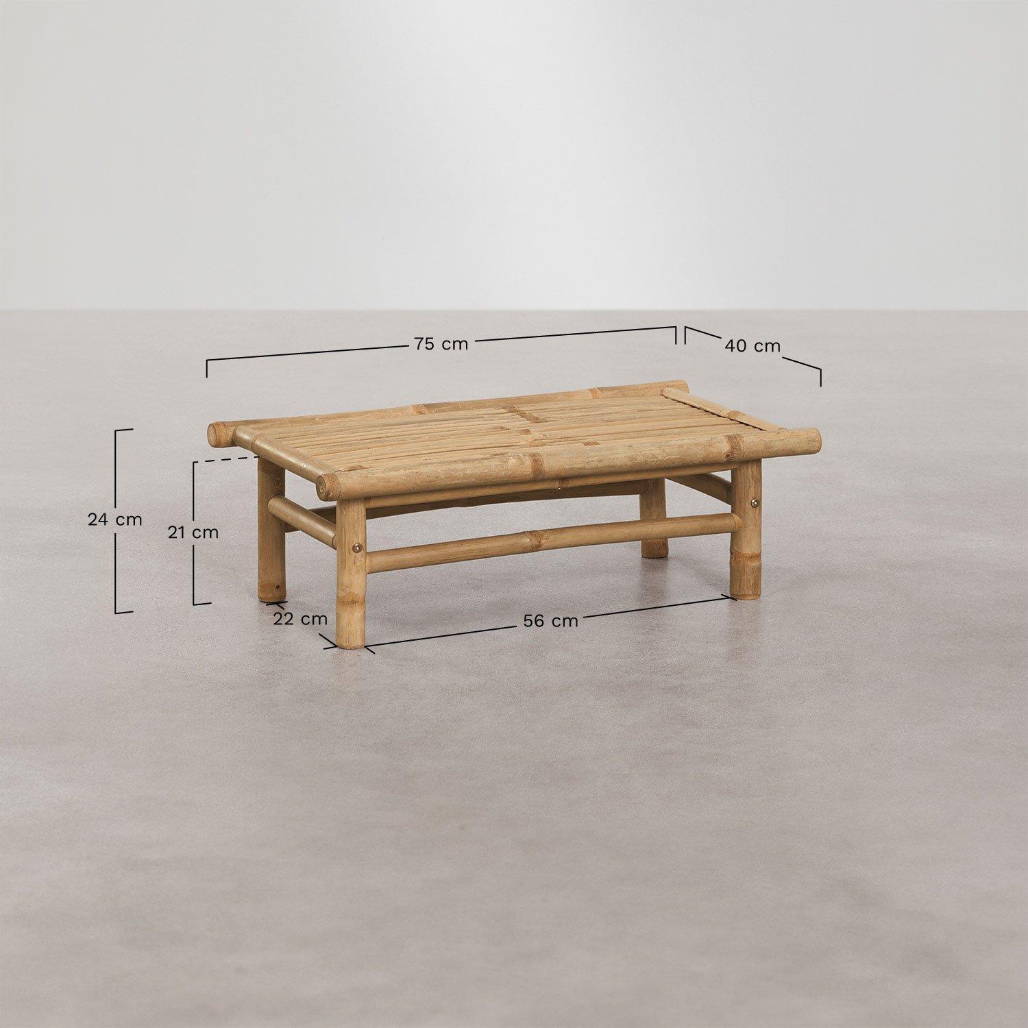 Mesa auxiliar para jardín rectangular 75x40 cm en bambú Isendra, medidas