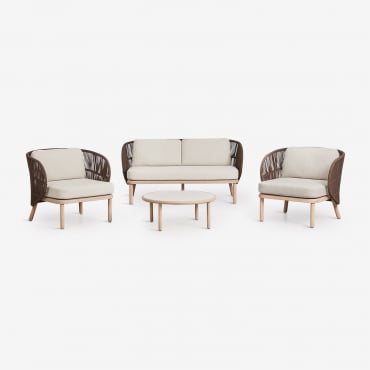 Conjunto De Salón Con Sofá De 2 Plazas, 2 Sillones En Cuerda Trenzada Capri Y Mesa De Centro En Madera De Acacia Olivia Marrón Chocolate - Sklum