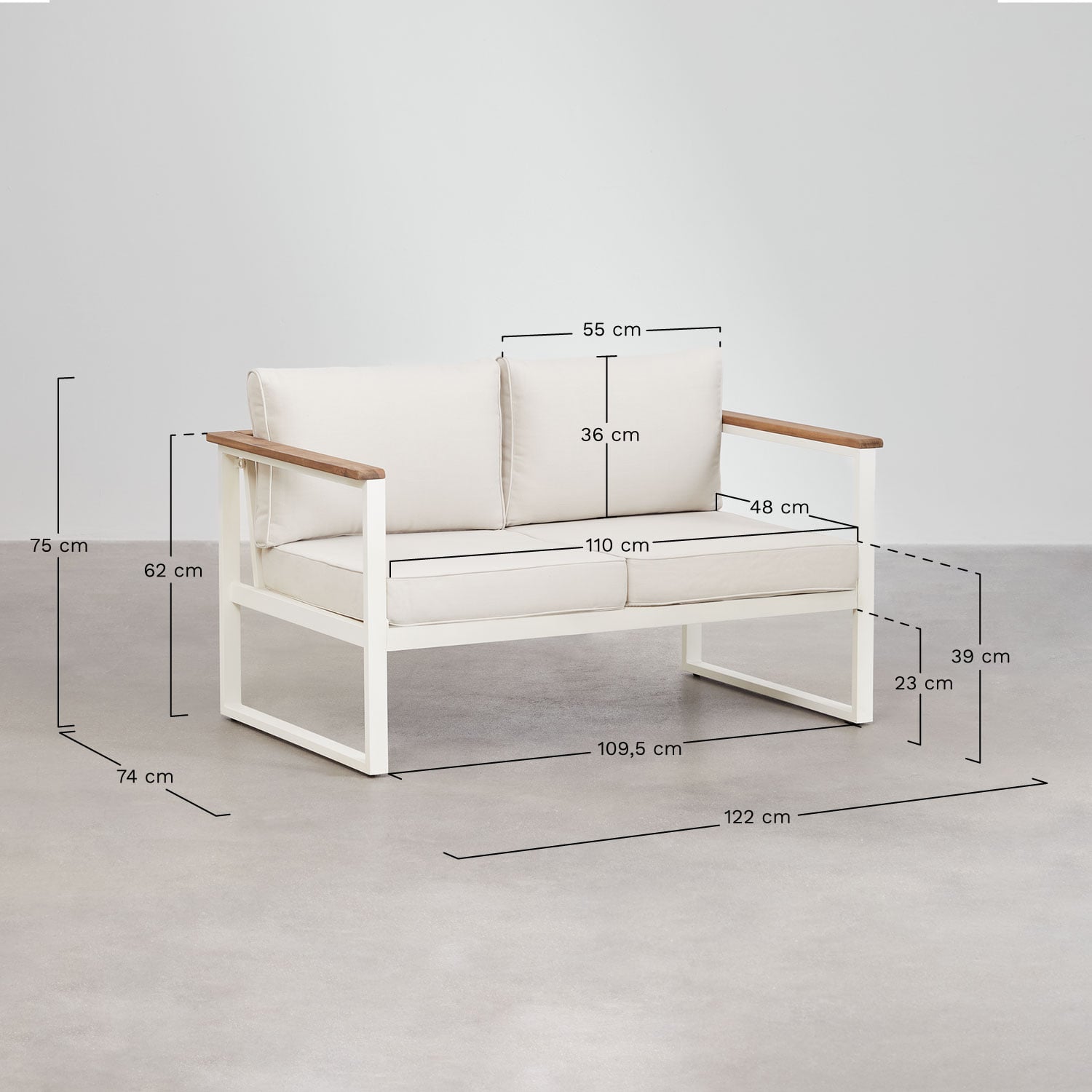 Conjunto de jardín de sofá de 2 plazas y mesa de centro en aluminio 110x55cm Lipov, medidas