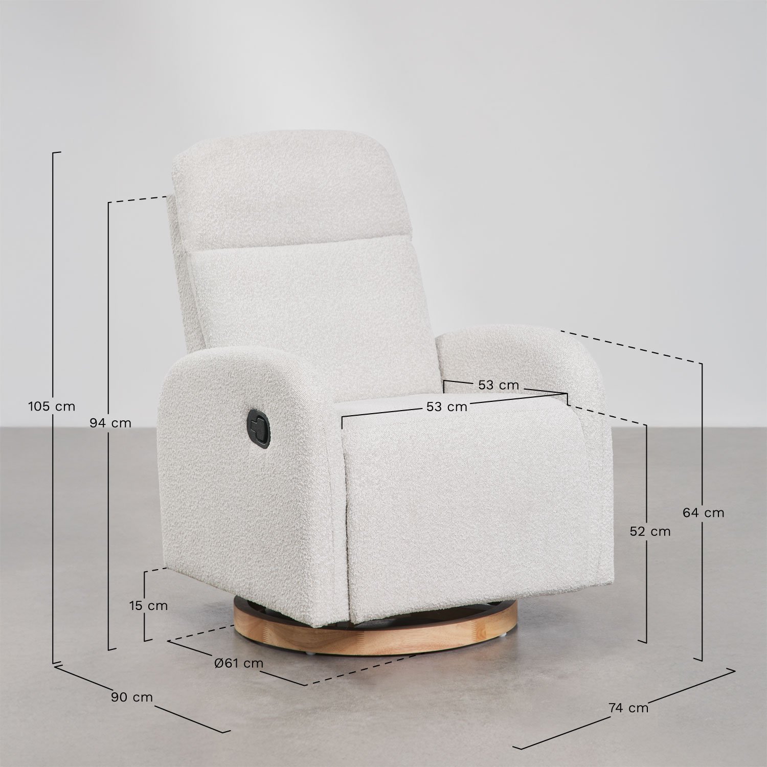 Sillón reclinable y giratorio en tela bouclé Vako, medidas