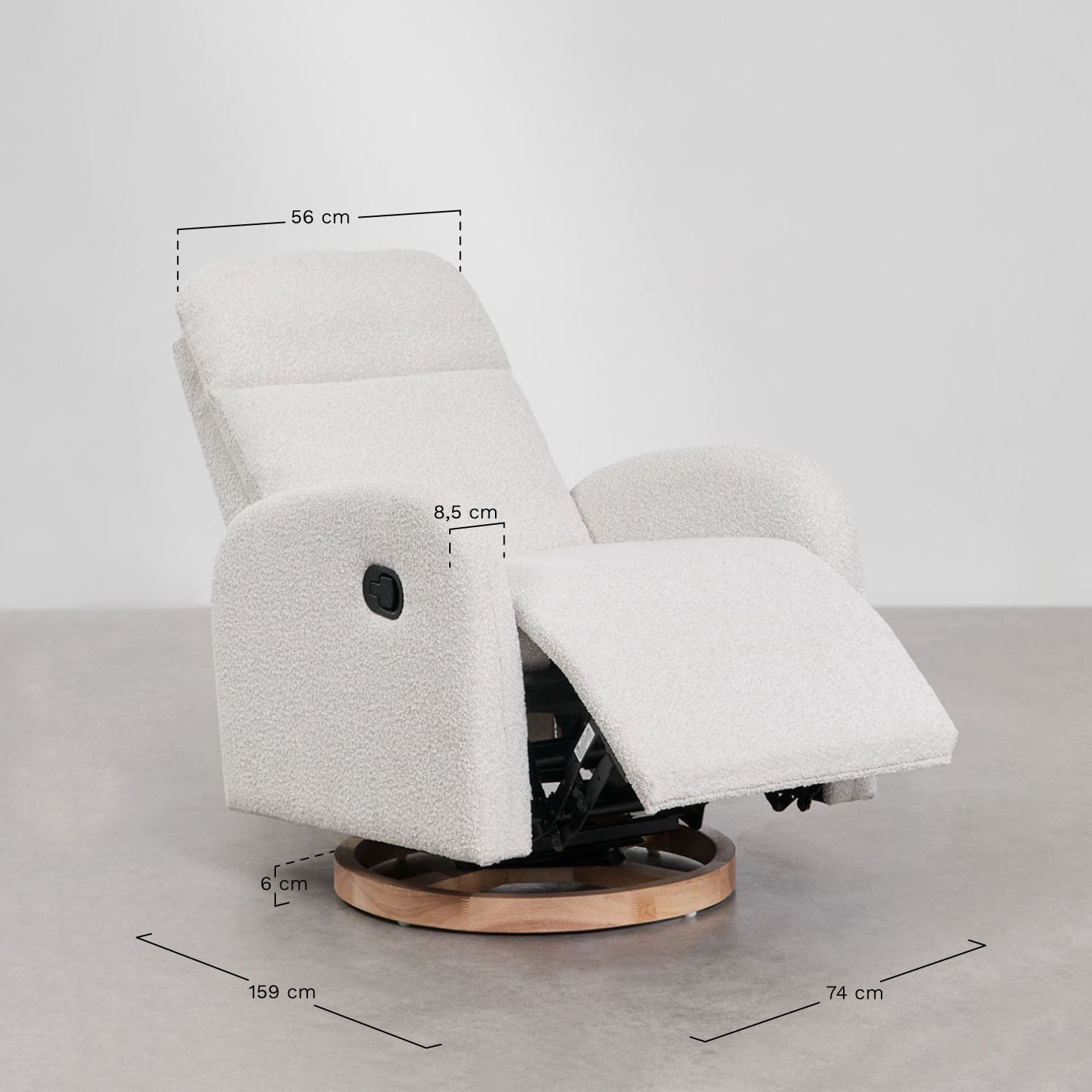 Pack de 2 sillones reclinables y giratorios en tela bouclé Vako, medidas