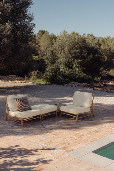 Conjunto de jardín con 2 sillones, puff y mesa de centro cuadrada 75x75 cm en bambú Isendra