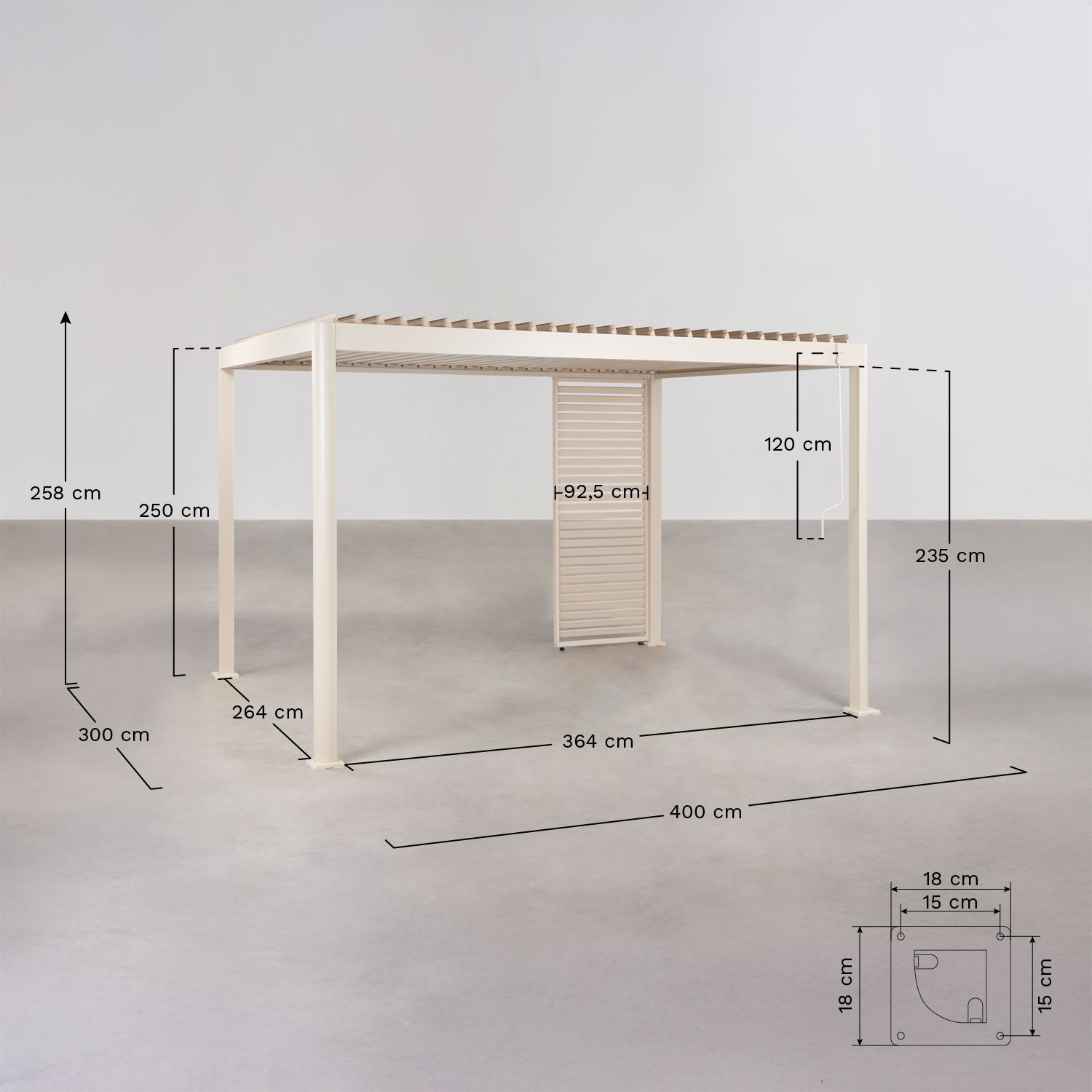 Pérgola bioclimática de lamas con panel en aluminio Druvia, medidas