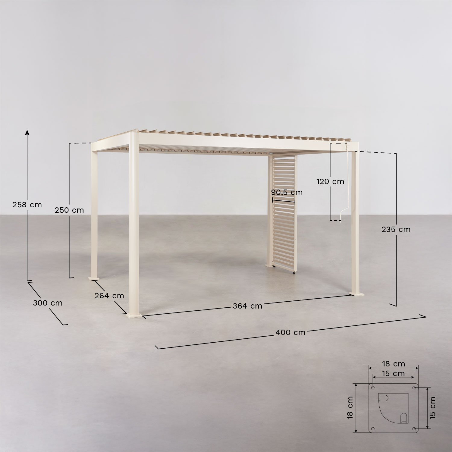 Pérgola bioclimática de lamas con panel en aluminio Druvia, medidas