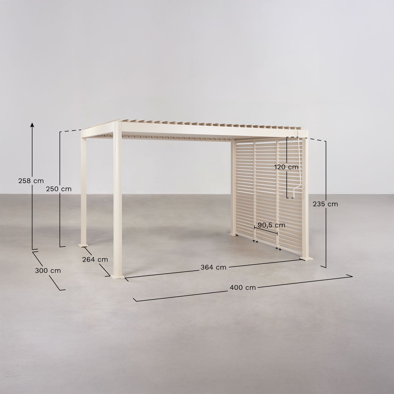 Pérgola bioclimática de lamas con panel lateral en aluminio Druvia, medidas