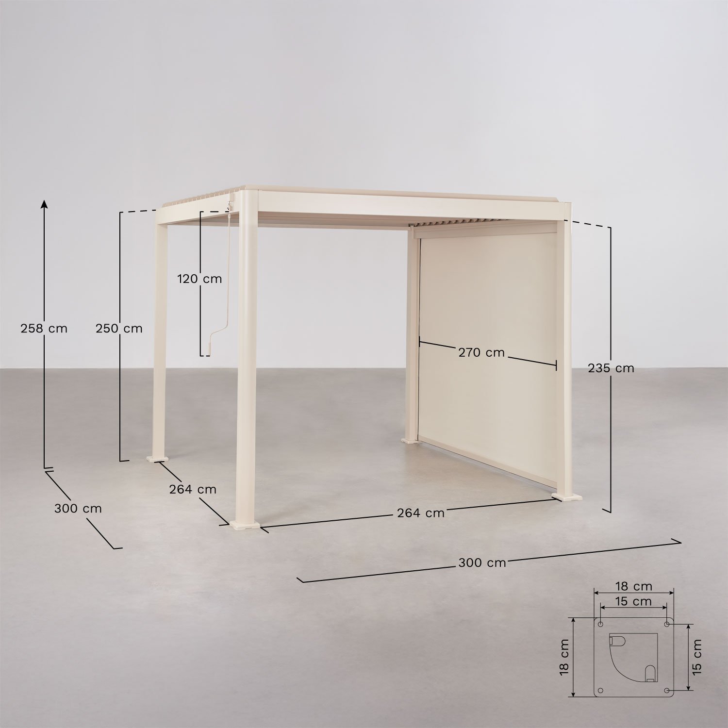 Pérgola bioclimática de lamas con toldo lateral en aluminio Druvia, medidas