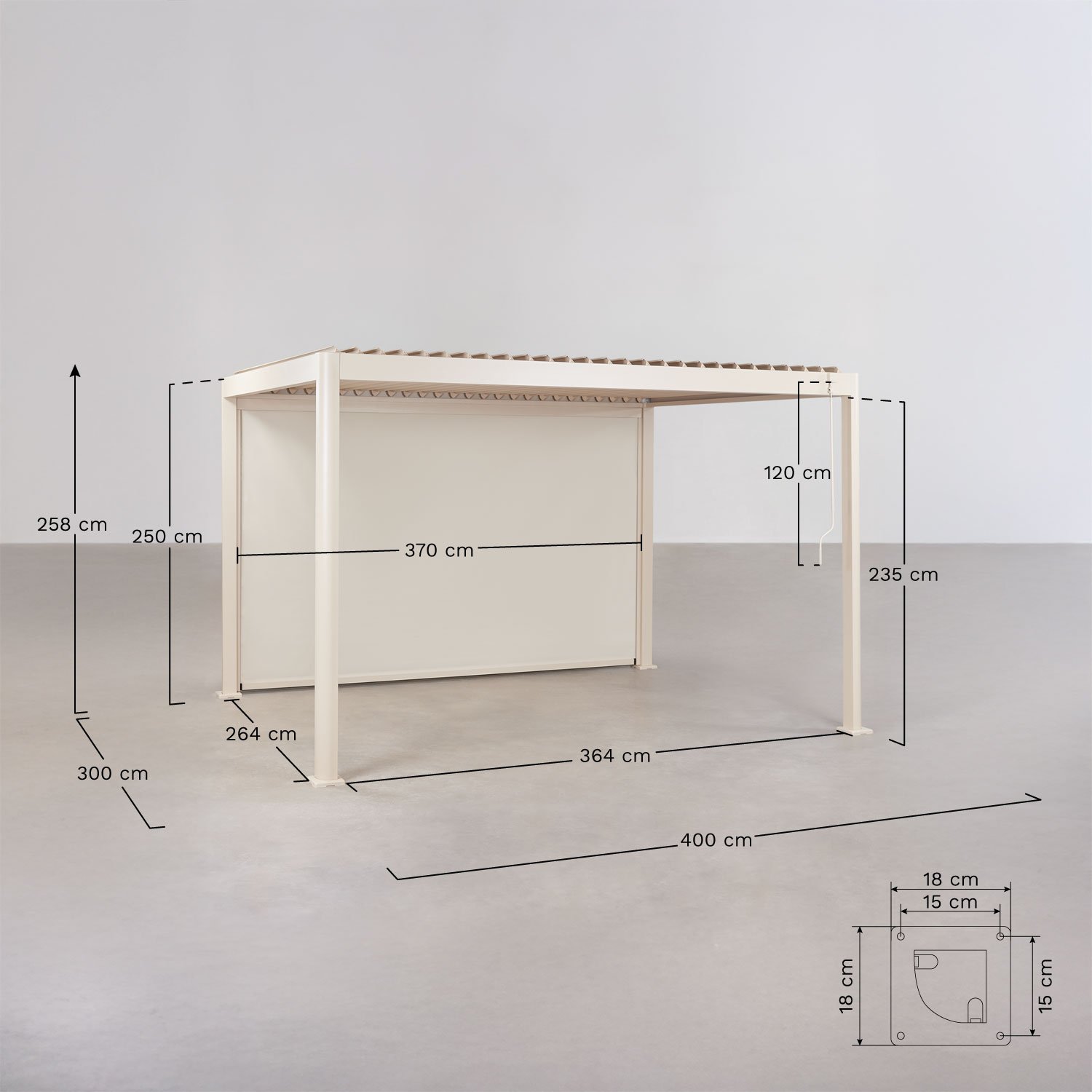 Pérgola bioclimática de lamas con toldo lateral en aluminio Druvia, medidas