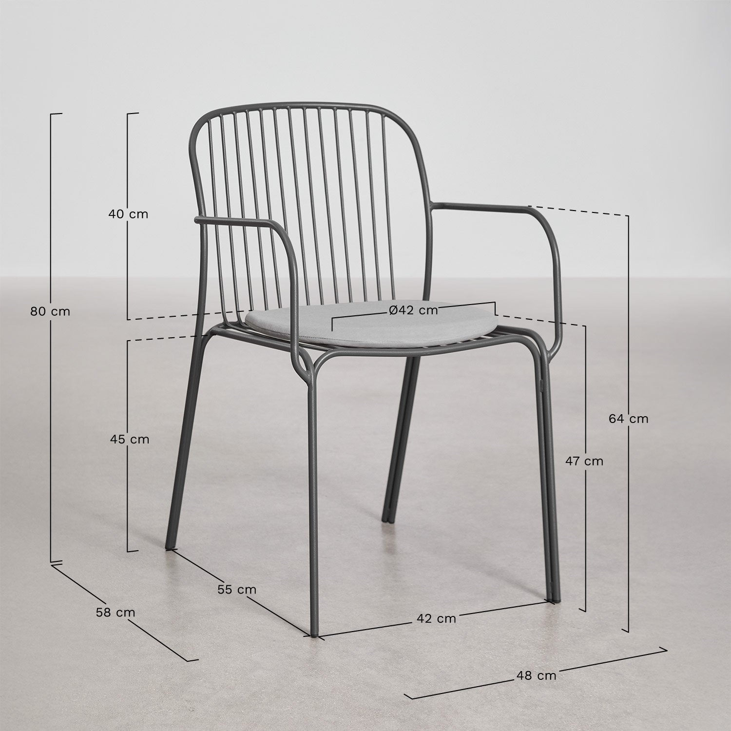 Silla de jardín con reposabrazos en acero Anerina, medidas