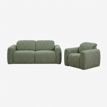 Conjunto De Salón Con Sofá De 2 Plazas Reclinable Y Eléctrico Y Sillón Tapizado Peggy Bouclé Verde Salvia - Sklum