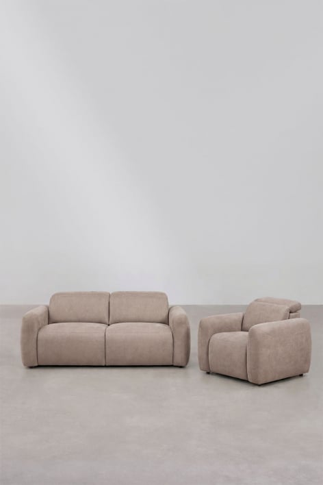 Conjunto de salón con sofá de 2 plazas reclinable y eléctrico y sillón tapizado Peggy - Chenilla Marrón Trigo