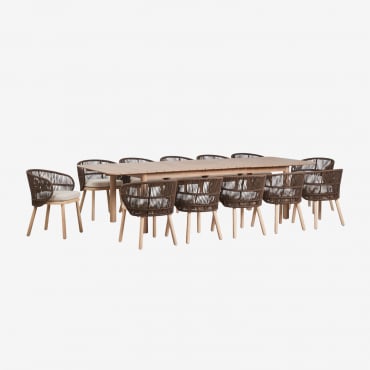 Set De Mesa Rectangular 250-310x105 Cm Extensible Duala Y 12 Sillas De Comedor En Madera De Acacia Y Cuerda Trenzada Capri Marrón Chocolate - Sklum