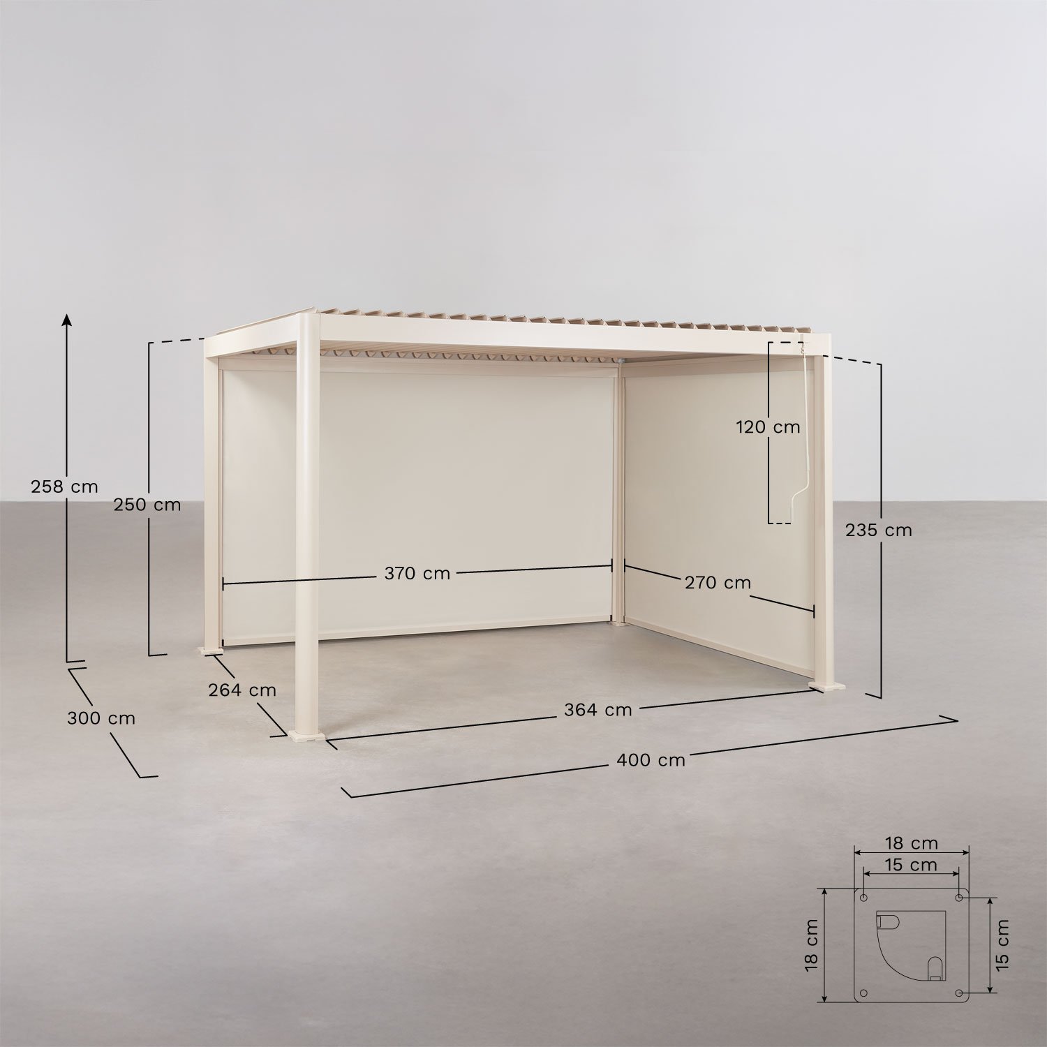 Pérgola bioclimática de lamas con toldos laterales en aluminio Druvia, medidas