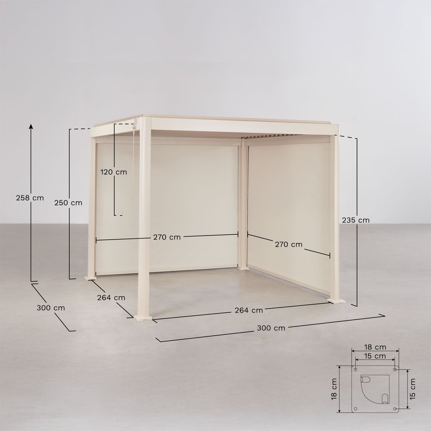 Pérgola bioclimática de lamas con toldos laterales en aluminio Druvia, medidas
