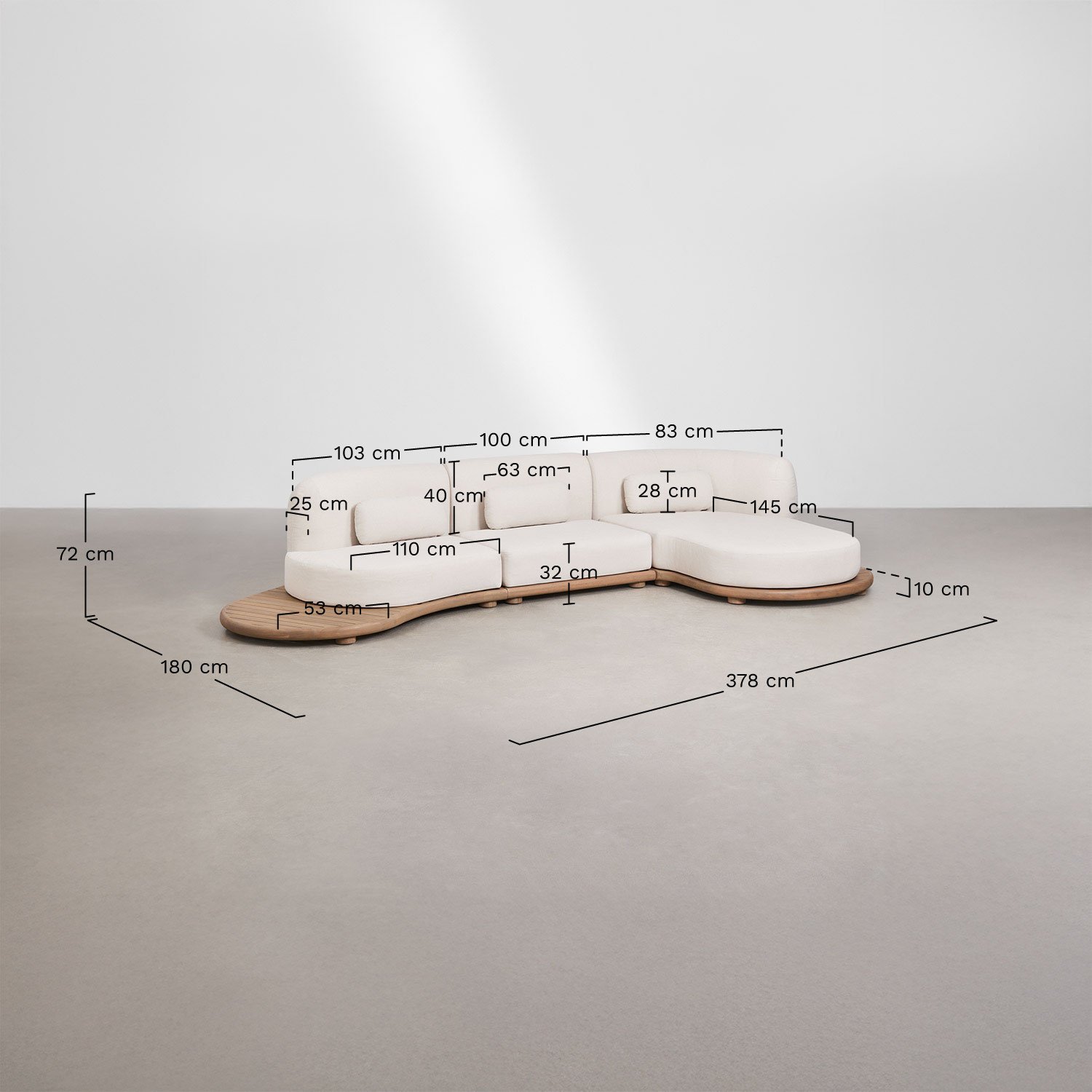 Conjunto de jardín con sofá modular chaise longue derecho de 3 piezas y 2 mesas de centro en madera de acacia Gerard, medidas